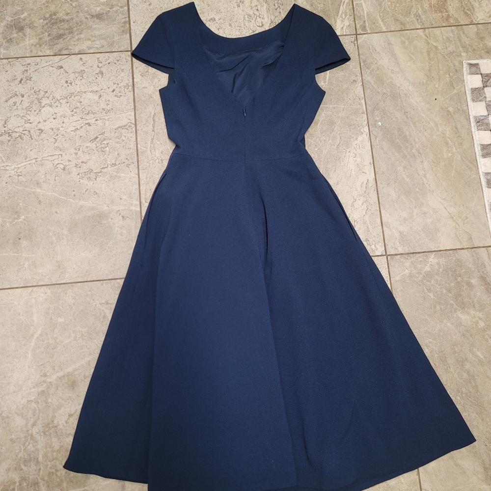 NEW Dress The Population Livia Fit Flare Navy Blue Cap Sleeve Low Back Dress XS - Picture 4 of 5